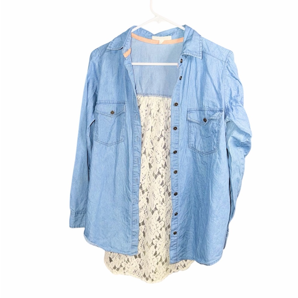Hint of Mint Denim Button Down with Lace Detail